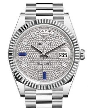 Rolex Day-Date 40 Platinum Diamond Paved Dial with Sapphires & Fluted Bezel President Bracelet 228236 - BRAND NEW