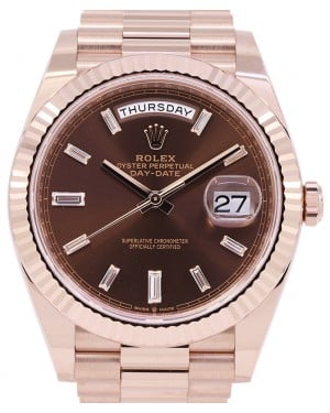Rolex Day-Date 40 Rose Gold Chocolate Diamond Dial & Fluted Bezel President Bracelet 228235 - PRE-OWNED
