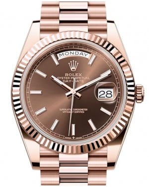 Rolex Day-Date 40 Rose Gold Chocolate Index Dial & Fluted Bezel President Bracelet 228235 - BRAND NEW