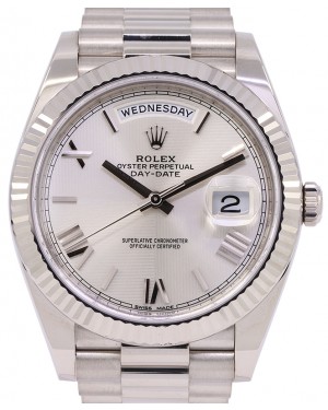 Rolex Day-Date 40 White Gold Silver Quadrant Motif Roman Dial & Fluted Bezel President Bracelet 228239 - PRE-OWNED