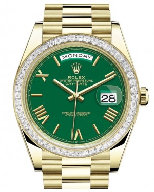 Rolex Day-Date 40 Yellow Gold Green Roman Dial & Diamond Bezel President Bracelet 228398TBR - BRAND NEW