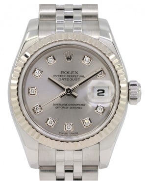 Rolex Lady-Datejust 26 Silver Diamond Fluted White Gold Stainless Steel Jubilee 179174 - PRE-OWNED
