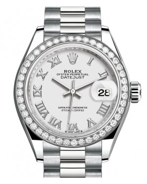 Rolex Lady Datejust 28 White Gold White Roman Dial & Diamond Bezel President Bracelet 279139RBR - BRAND NEW