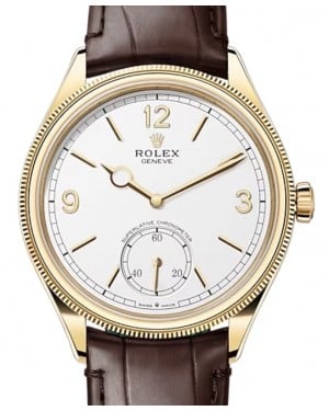 Rolex Perpetual 1908 Yellow Gold White Dial Domed/Fluted Bezel Alligator Leather Strap 52508 - BRAND NEW