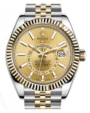 Rolex Sky-Dweller Yellow Gold/Steel Champagne Index Dial Fluted Bezel Jubilee Bracelet 326933 - BRAND NEW