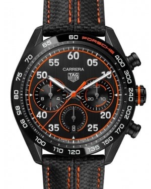 Tag Heuer Carrera Porsche Orange Racing Chronograph Stainless Steel/Ceramic 44mm Black Dial Leather Strap CBN2A1M.FC6526 - BRAND NEW