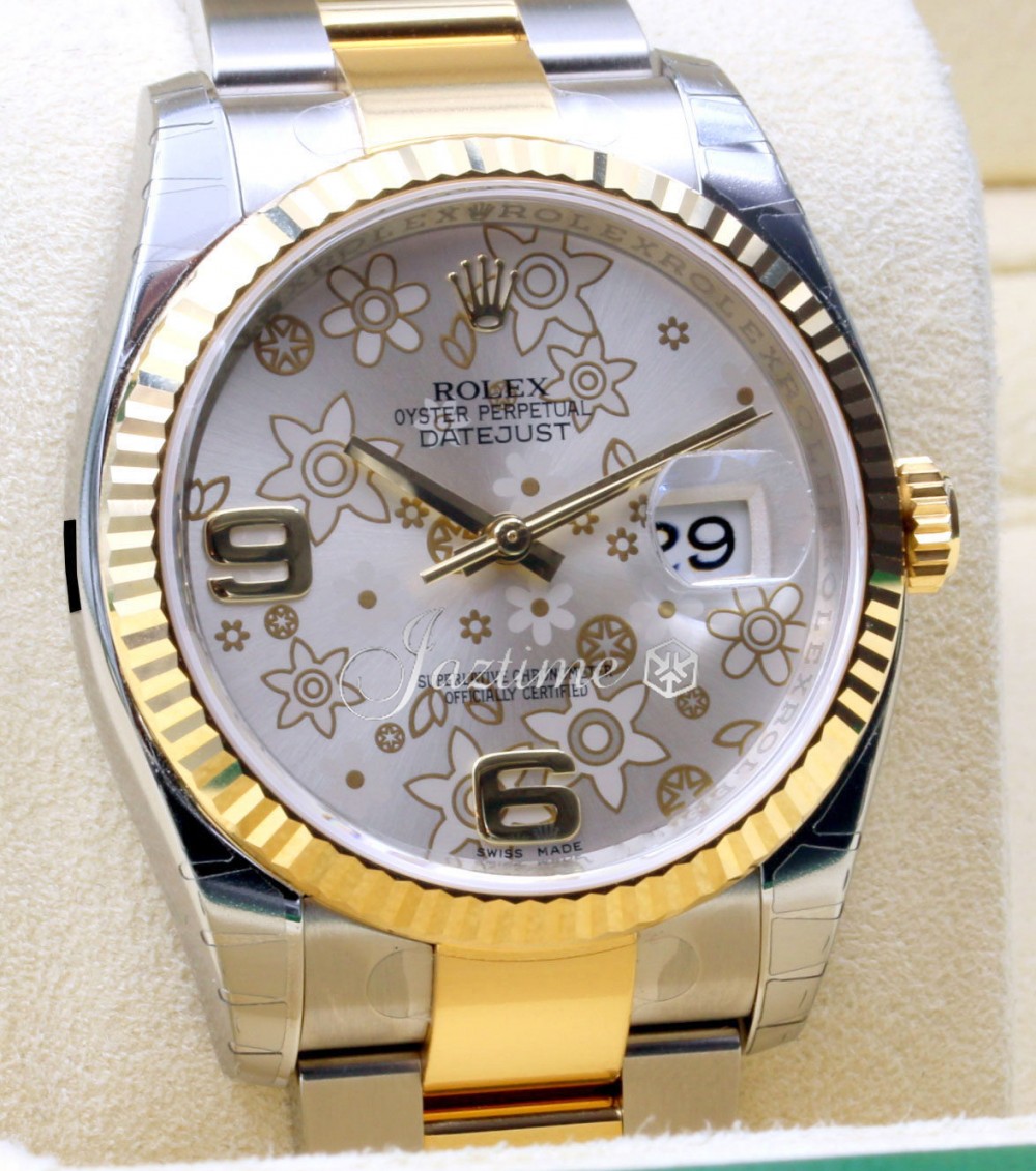 Rolex Datejust 36 116233-SLVFFO Silver Floral Arabic Fluted Yellow