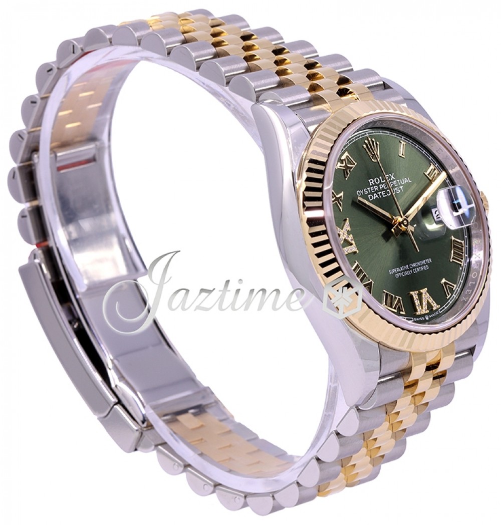 Rolex Datejust 36 Steel & Yellow Gold Olive Green Pave Roman Dial Women's Watch M126233-0025 126233 Olive Green VI IX Roman Jubilee