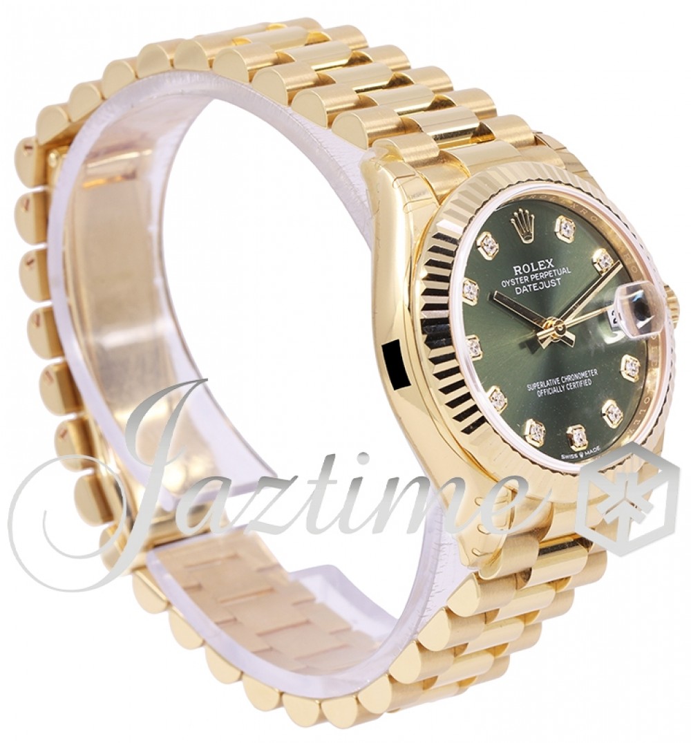 Rolex Yellow Gold Datejust 31 Watch - Fluted Bezel - Olive Green Diamond Dial - President Bracelet - 278278 ogdp