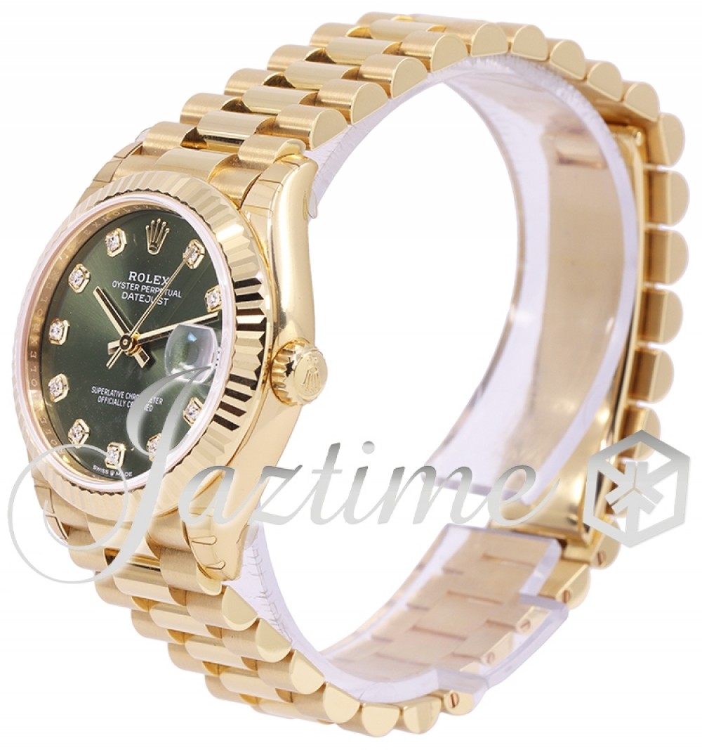Rolex Yellow Gold Datejust 31 Watch - Fluted Bezel - Olive Green Diamond Dial - President Bracelet - 278278 ogdp