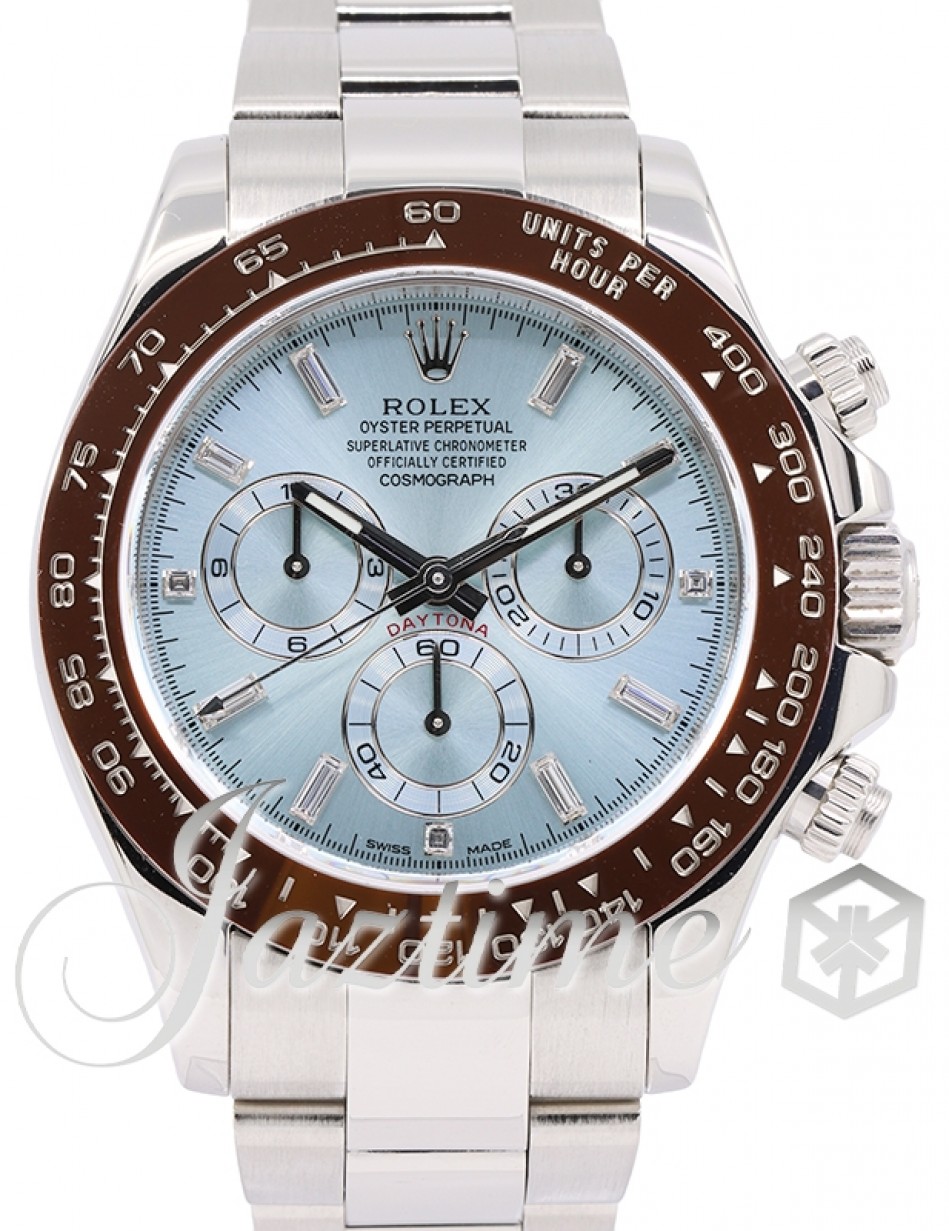 Rolex Daytona Platinum Ice Blue Index 8 Baguette Diamond Dial Chestnut Ceramic Bezel Oyster Bracelet 116506 - PRE-OWNED