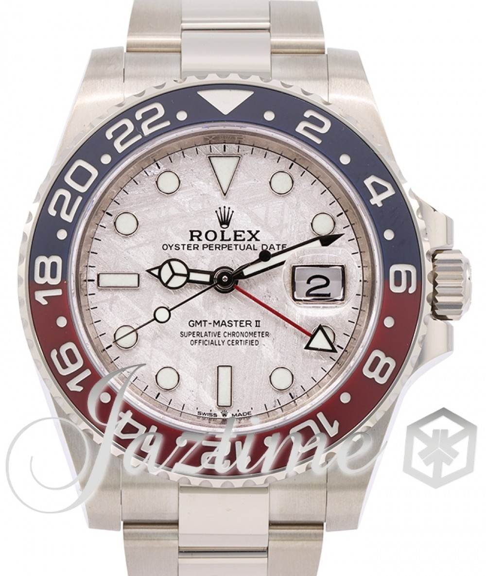 zebra Rang Blossom Rolex GMT-Master II White Gold Meteorite Luminous Dial & Red/Blue Ceramic  Bezel Oyster Bracelet 126719BLRO - BRAND NEW