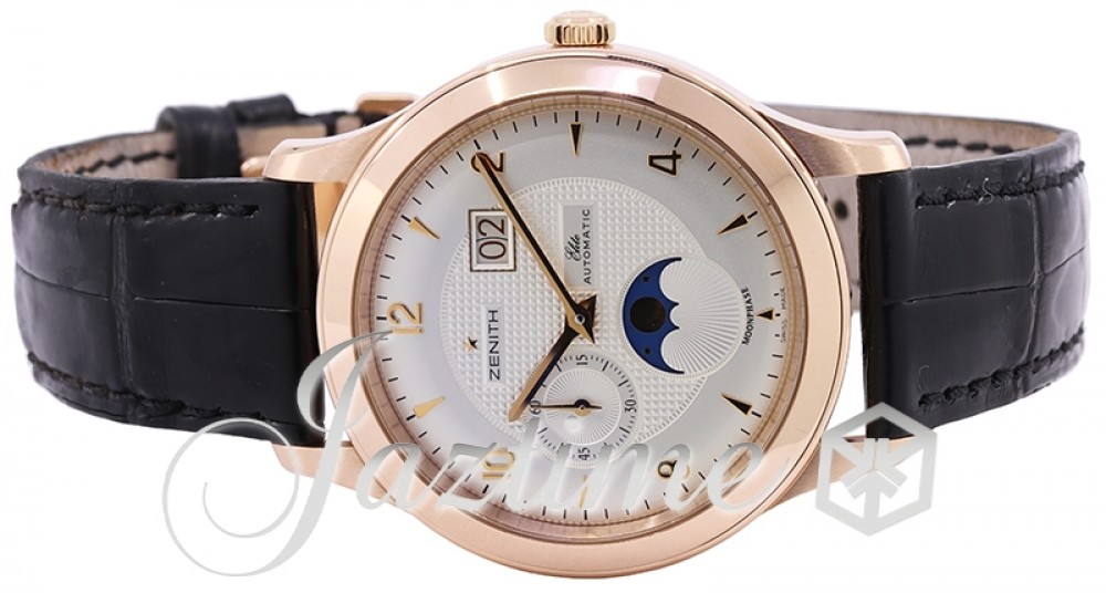 Zenith Class Elite Moonphase Rose Gold 40mm Silver Dial Black 