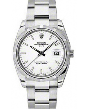 Rolex Oyster Perpetual Date 34 Stainless Steel White Index Dial & Engine-Turned Bezel Oyster Bracelet 115210 