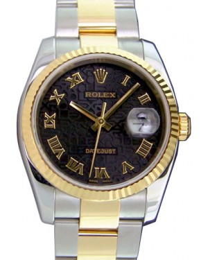 Rolex Datejust 36 116233-BKJRFO Black Jubilee Dial Roman Fluted Yellow Gold Stainless Steel Oyster