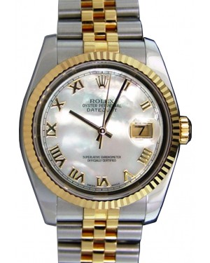 Rolex Datejust 36 116233-MOPRFJ White Mother of Pearl Roman Fluted Yellow Gold Stainless Steel Jubilee