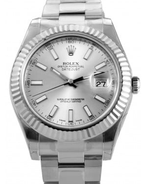 Rolex Datejust II 116334 Silver Index 18k Fluted White Gold Stainless Steel 