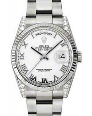 Rolex Day-Date 36 118339-WHTRFO White Roman Diamond Set Fluted White Gold Oyster - BRAND NEW