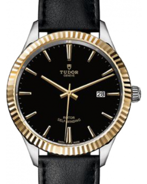 Tudor Style 12713 Black Index Fluted Yellow Gold & Stainless Steel Leather 41mm BRAND NEW