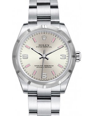 Rolex Oyster Perpetual 31 Ladies Midsize Stainless Steel Silver Arabic / Pink Index Dial Engine-Turned Bezel & Oyster Bracelet 177210 - BRAND NEW