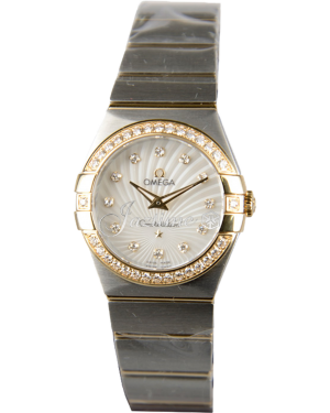Omega Constellation Quartz 123.25.27.60.55.004 27mm White Mother of Pearl Guilloche Diamond Yellow Gold Stainless Steel BRAND NEW