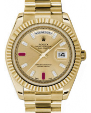 Rolex Day-Date II Yellow Gold 41mm Champagne Baquette Diamonds Ruby Fluted President Bracelet 218238 