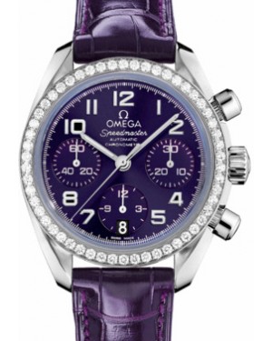 Omega 324.18.38.40.10.001 Speedmaster Chronograph 38mm Purple Arabic Diamond Bezel Stainless Steel Leather BRAND NEW
