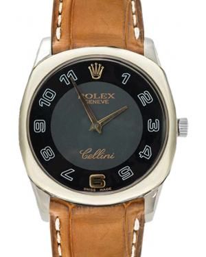 Rolex Cellini Danaos Midsize 4233-9-BLACK-GOLD Black Arabic White Gold Brown Leather Manual BRAND NEW