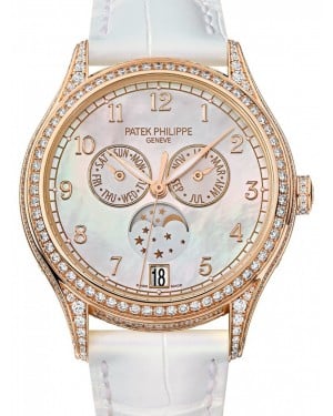 Patek Philippe Complications Ladies Annual Calendar Moon Phase White MOP Arabic Dial Rose Gold Diamond Bezel White Leather 38mm 4948R-001  BRAND NEW
