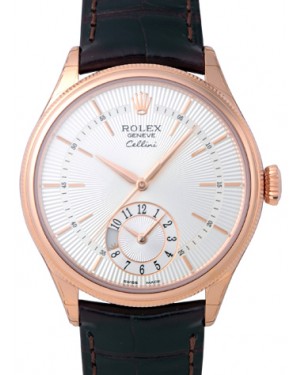 Rolex Cellini Dual Time 50525-SLV Silver Guilloche Index Rose Gold Brown Leather Manual BRAND NEW