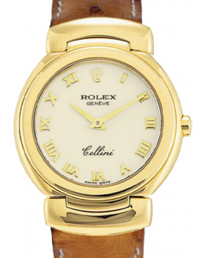 Rolex Cellini Quartz Ladies 6621-8S Ivory Roman Yellow Gold Brown Ostrich Leather BRAND NEW