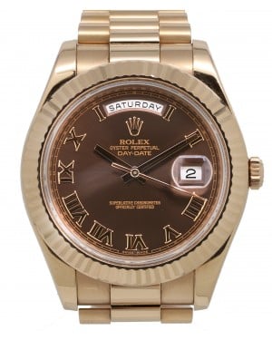 Rolex Day-Date II Rose Gold 41mm Chocolate Brown Roman Fluted Bezel President Bracelet 218235