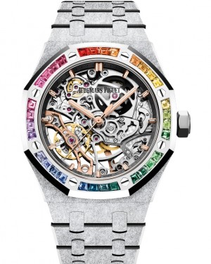 Audemars Piguet Royal Oak Frosted Gold Double Balance Wheel Openworked White Gold Rhodium-Toned Index 37mm Dial & Rainbow Baguette Sapphires Bezel 15468BC.YG.1259BC.01 - BRAND NEW