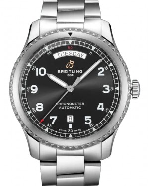 Breitling Aviator 8 Automatic Day & Date 41 Stainless Steel 41mm Black Dial Steel Bracelet A45330101B1A1 - BRAND NEW