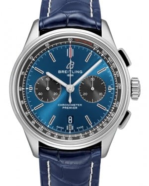 Breitling Premier B01 Chronograph 42 Blue Dial Stainless Steel Bezel Leather Bracelet AB0118A61.C1P1 - BRAND NEW