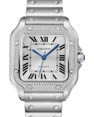 Cartier Santos De Cartier Medium Stainless Steel Diamond Bezel Silver Dial W4SA0005 - BRAND NEW