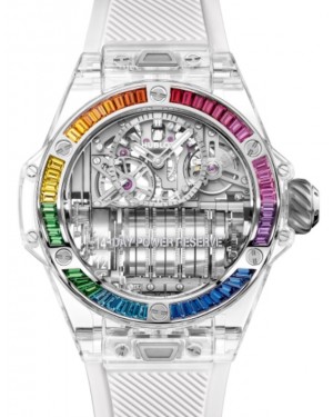 Hublot Big Bang Complications MP-11 Power Reserve 14 Days Sapphire Rainbow Limited Edition 45mm Sapphire Crystal White Gold With Colored Gems Bezel Skeleton Sapphire Dial Rubber Strap 911.JX.0102.RW.4099 - BRAND NEW
