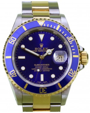 Rolex Submariner 16613 Blue 18k Yellow Gold Stainless Steel Holes Gold-Through Clasp - PRE-OWNED