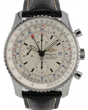 Breitling Navitimer World A24322 White Index Dial Black Leather Strap 46mm - PRE-OWNED