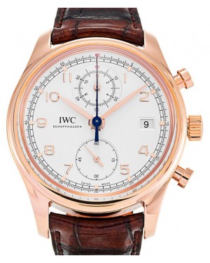 IWC Schaffhausen IW390402 Portugieser Chronograph Classic Silver Plated Arabic Red Gold Brown Leather 42mm Automatic