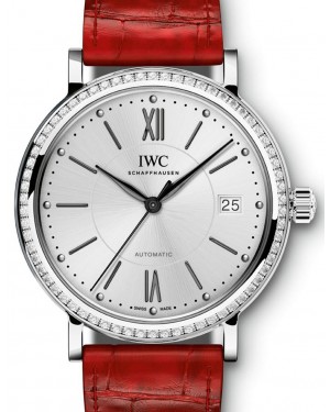 IWC Schaffhausen IW458109 Portofino Automatic 37 Silver Plated Diamond Stainless Steel Set with Diamonds Red Leather 37mm Automatic