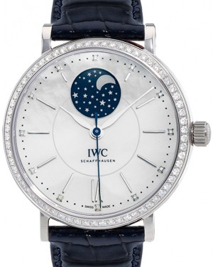 IWC Schaffhausen IW459001 Portofino Automatic Moon Phase 37 White Mother of Pearl Diamond Stainless Steel Set with Diamonds Blue Leather 37mm Automatic