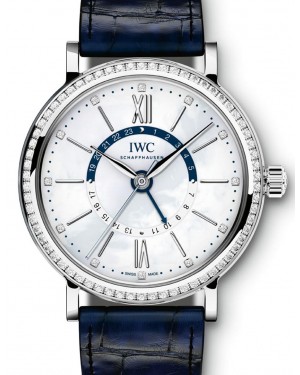 IWC Schaffhausen IW459101 Portofino Automatic Day &amp;amp; Night 37 White Mother of Pearl Diamond Stainless Steel Set with Diamonds Blue Leather 37mm Automatic