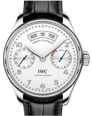 IWC Schaffhausen IW503501 Portugieser Annual Calendar Silver Plated Arabic Stainless Steel Black Leather 44.2mm Automatic