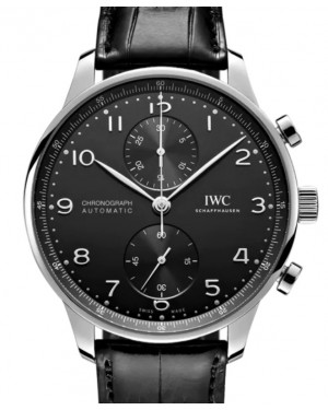 IWC Portugieser Chronograph Stainless Steel 41mm Black Dial Black Alligator Leather Strap IW371609 - BRAND NEW
