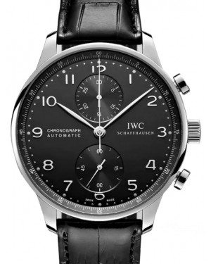 IWC Portugieser Chronograph Stainless Steel Black Dial & Steel Bezel Leather Strap IW371447 - BRAND NEW