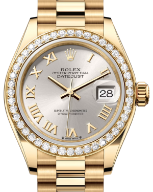 Rolex Lady Datejust 28 Yellow Gold Silver Roman Dial & Diamond Bezel President Bracelet 279138RBR - BRAND NEW