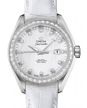 Omega Seamaster Aqua Terra 150M Co-Axial Chronometer 34mm Stainless Steel Diamond Bezel White Mother of Pearl Dial Diamond Set Index Alligator Leather Strap 231.18.34.20.55.001 - BRAND NEW
