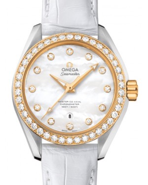 Omega Seamaster Aqua Terra 150M Master Co-Axial Chronometer 34mm Stainless Steel Yellow Gold Diamond Bezel White Mother of Pearl Dial Diamond Set Index Alligator Leather Strap 231.28.34.20.55.004 - BRAND NEW