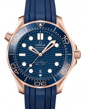 Omega Seamaster Diver 300M Co‑Axial Master Chronometer 42mm Sedna™ Gold Blue Dial Rubber Strap 210.62.42.20.03.001 - BRAND NEW